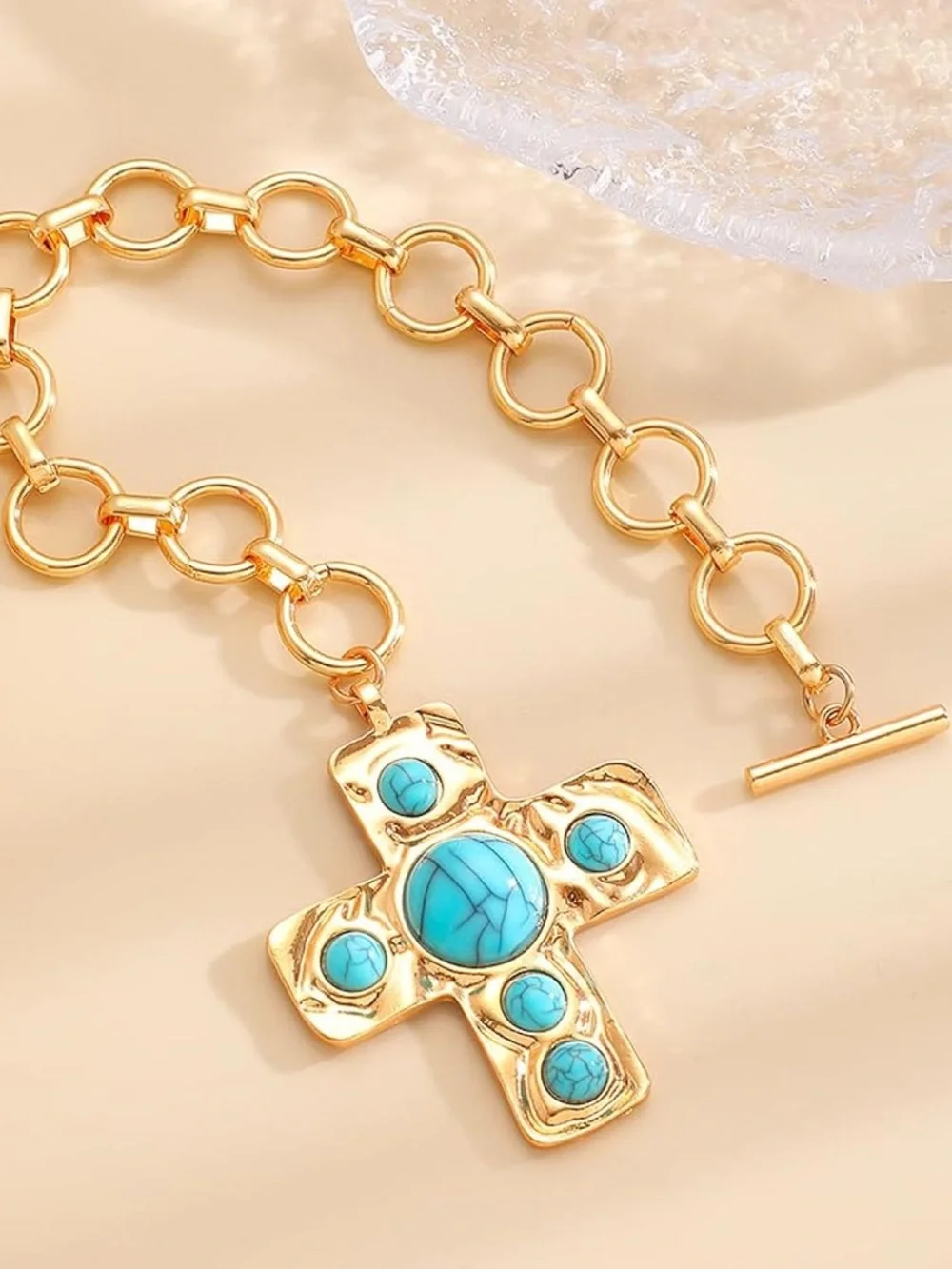 Anthropologie Gold-Tone Chain Necklace with Turquoise Cross Pendant